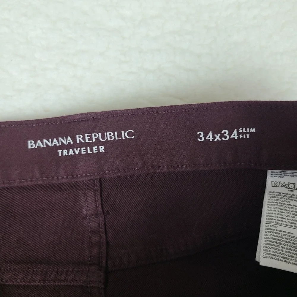 Banana Republic Traveler Pants Mens 34x34 Burgundy Red Slim‎ Performance Chino *